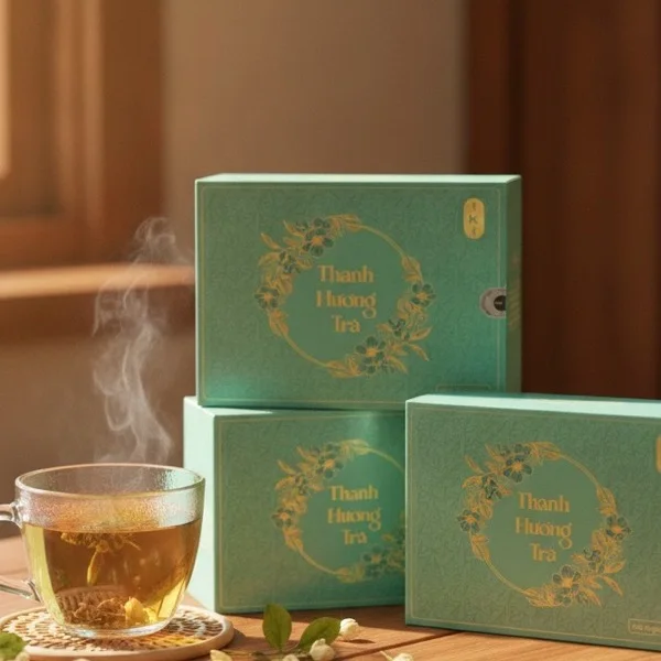 Hộp Thanh Hương Trà và tách trà nóng