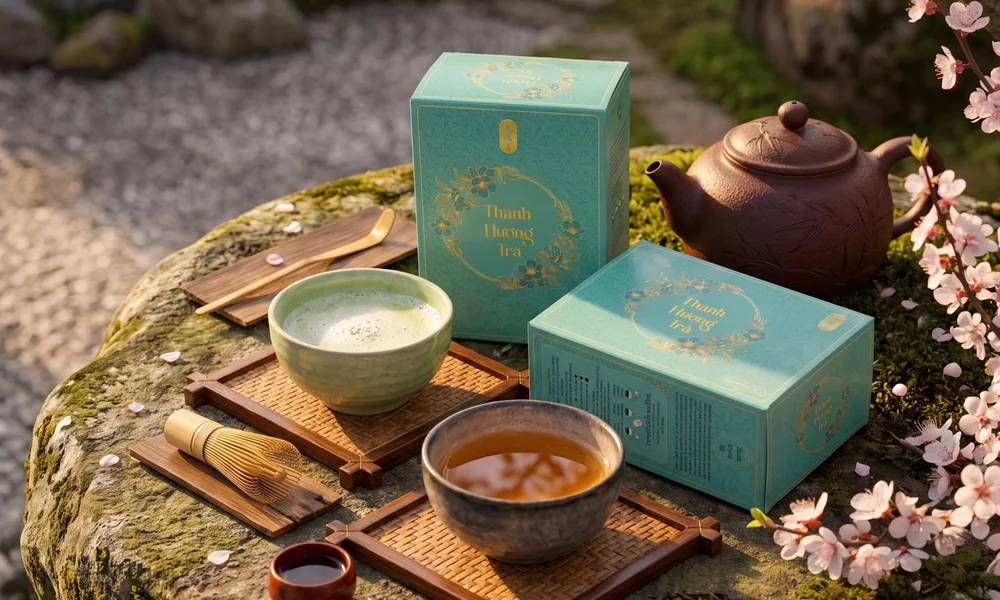 Hộp Thanh Hương Trà bên ấm trà và chén trà